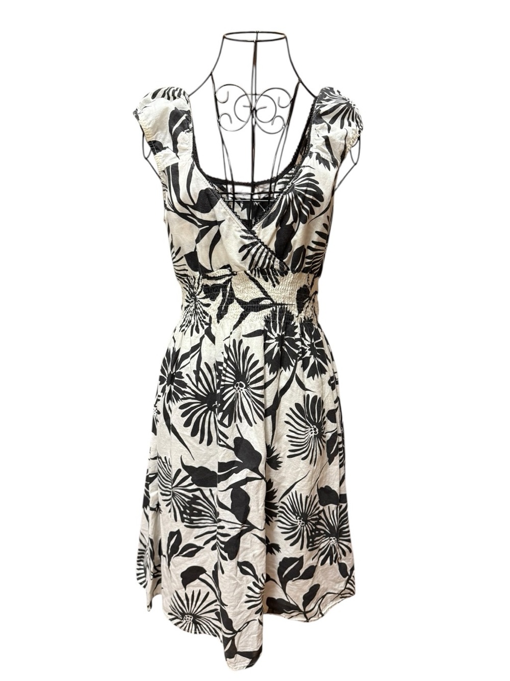 Speed Control 100% Cotton Black & White Floral Wrap Midi Dress Smocked Waist